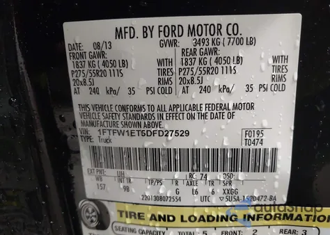 2013 Ford F-150 Platinum z USA, uszkodzony, nr VIN 1FTFW1ET5DFD27529